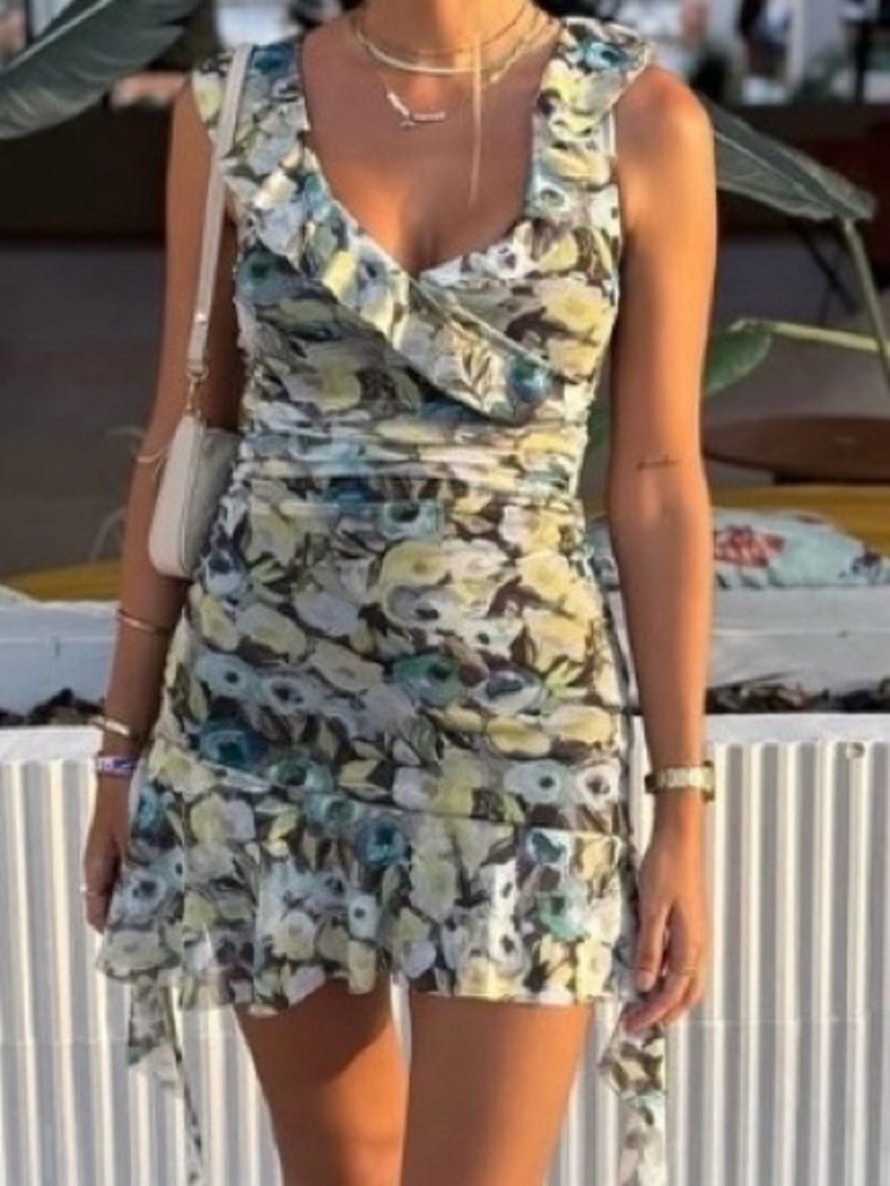Zara Floral Ruffle Mini Dress in Blue, Yellow & Green